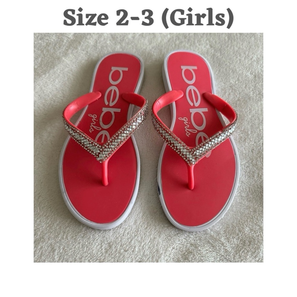 bebe Girls Rhinestone Pink White Flip Flop Sandals Slip On Flat Heel Size 2/3